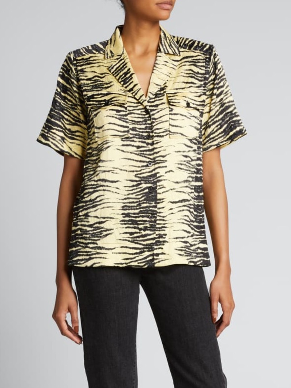 GANNI Yellow and Black Tiger-Print Short Sleeve Shirt
